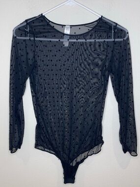 Spanx Mesh Bodysuit Flocked Dots Sheer Fashion Black Long Sleeves Woman's XL